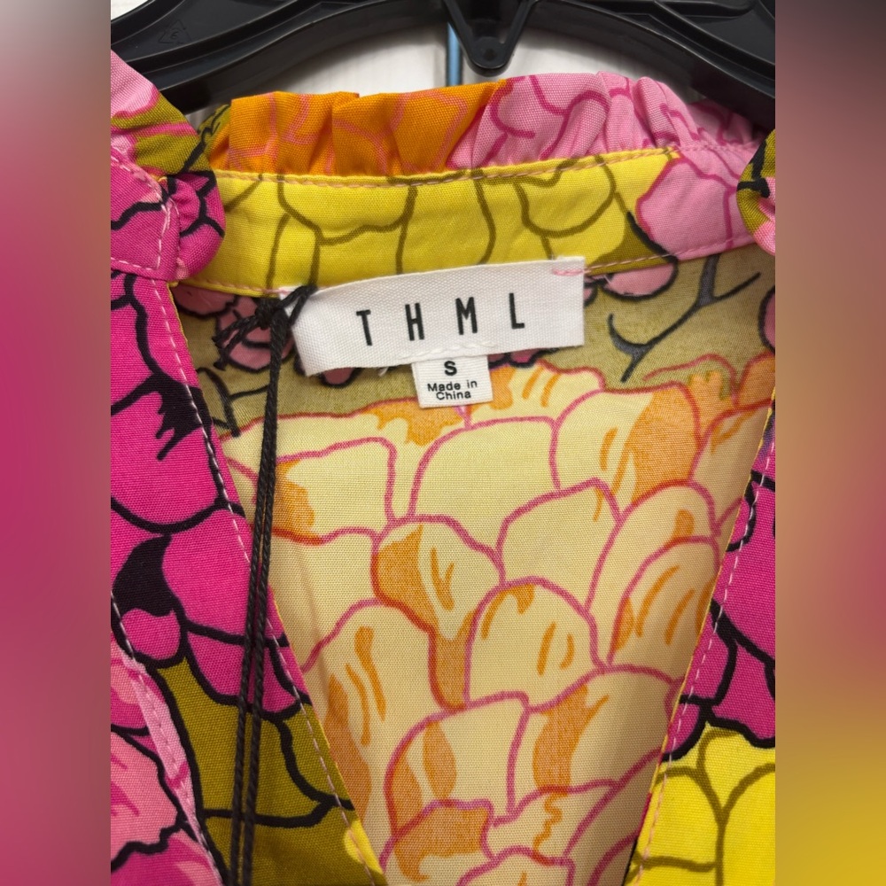 THML Pink Yellow Floral Puff Sleeve Blouse - Picture 3 of 6